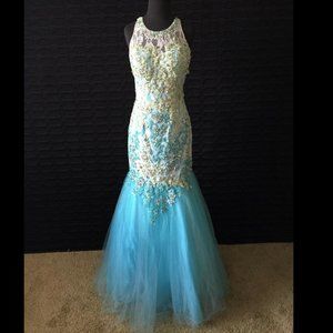 Aqua Mint Floral Applique Mermaid Dress 